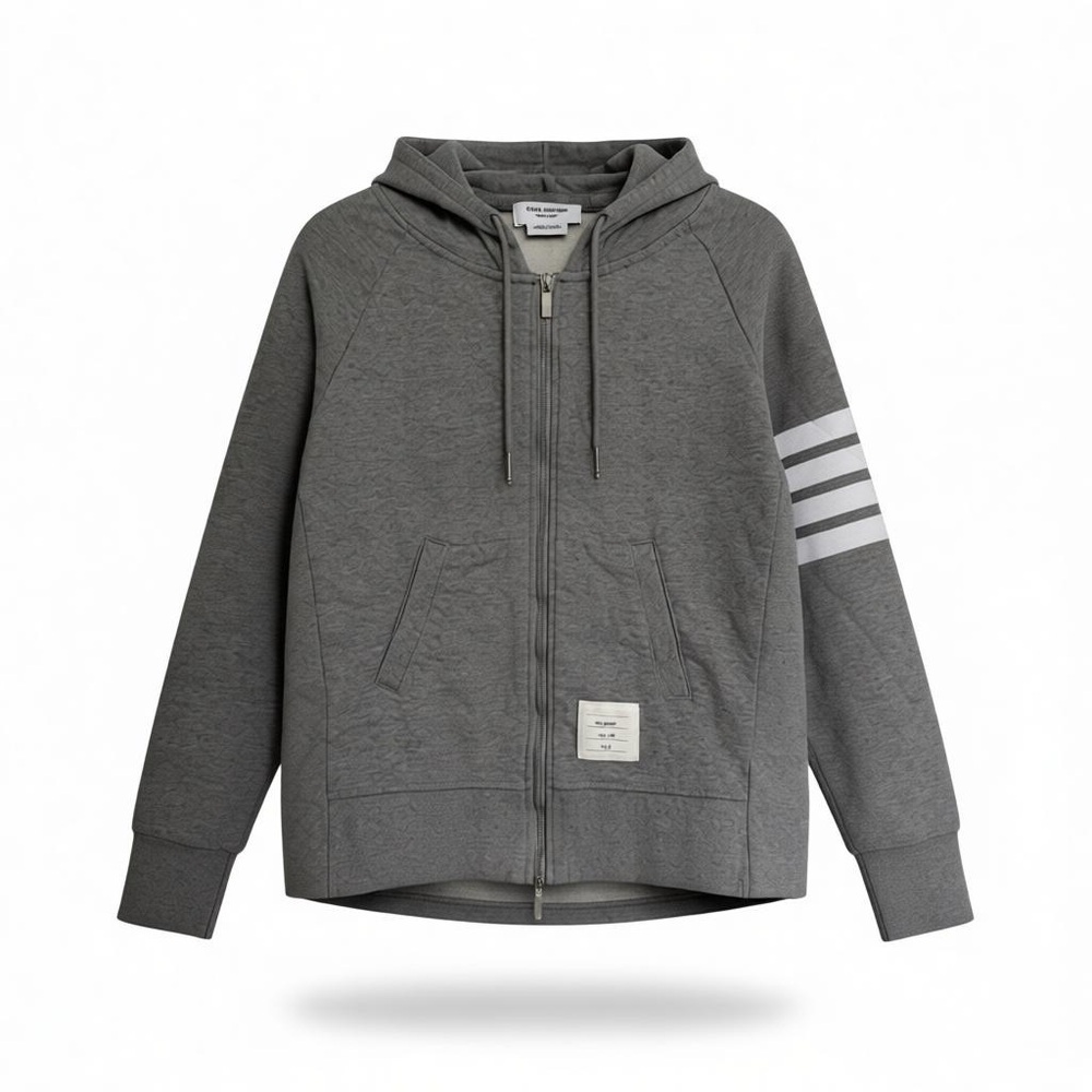 Thom Browne Gray Full-Zip Hooded Sweatshirt with White Sleeve Stripes